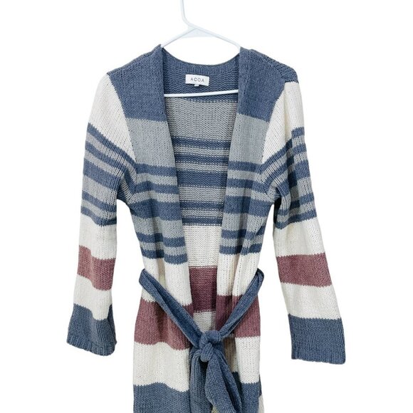 ACOA Size S Striped Chenille Duster Long Cardigan Wrap Fringe Sweater Boho Ivory - Picture 3 of 6